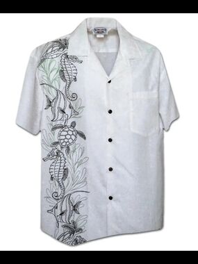 Men's Hawaiian Button Down PACIFIC LEGEND White W/Hidden Pattern Made In USA XL